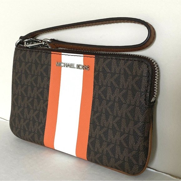 New Michael Kors Jet Set Travel Large top zip wristlet Brown / Tangerine Multi - Picture 2 of 4